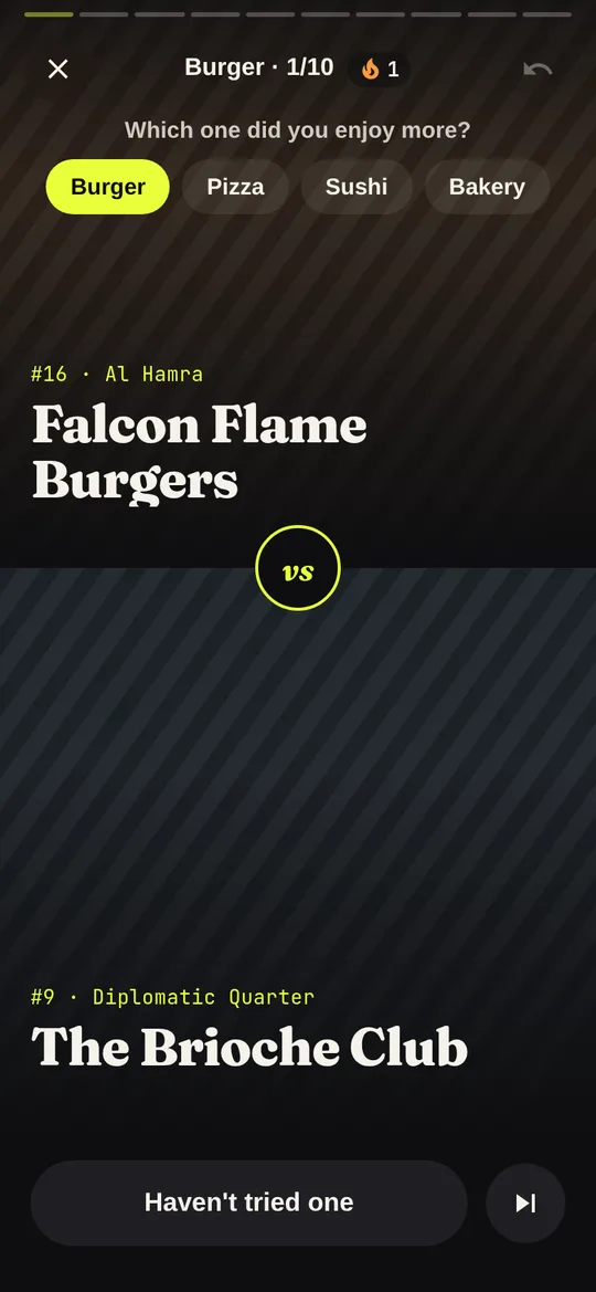 Rankboard voting screen: Falcon Flame Burgers versus The Brioche Club, with a button for haven't tried one